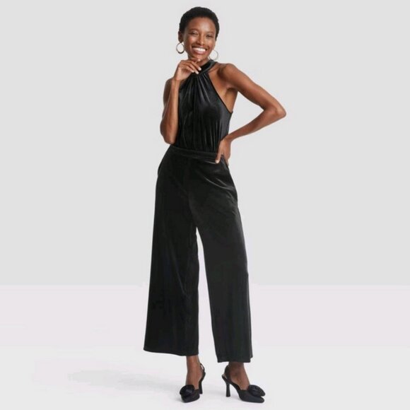 Women's Halter Sleeveless Velvet Jumpsuit - A New Day Black 1X - Picture 5 of 5